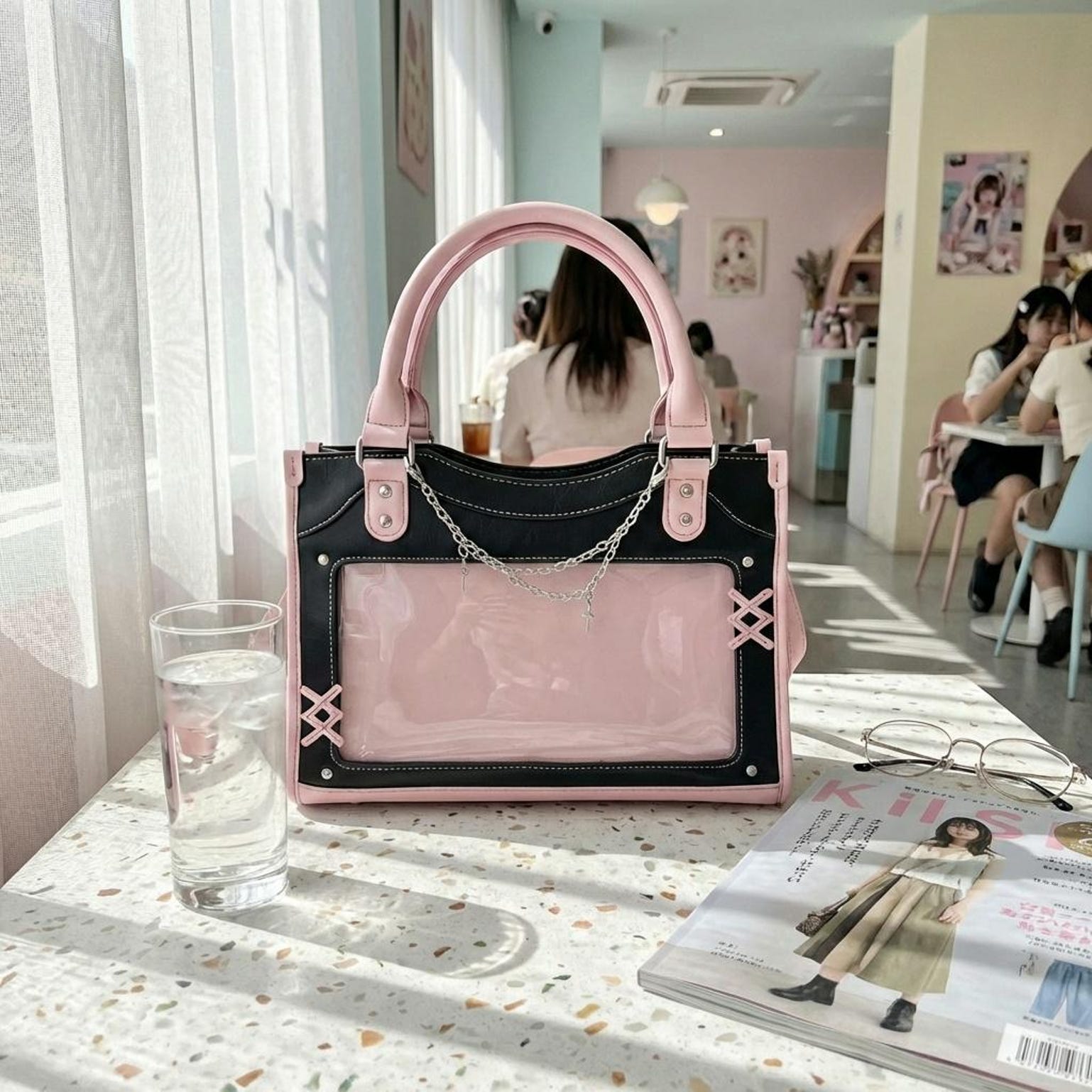 Black Kawaii Convertible Ita Bag with Clear Window for Pin Display Black Kawaii Convertible Ita Bag with Clear Window for Pin Display — ita bag detail view
