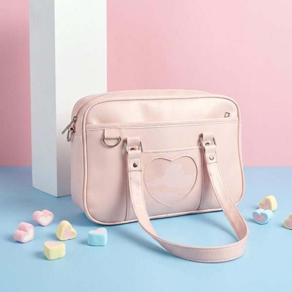 Black Kawaii Convertible Ita Bag with Clear Window for Pin Display — ita bag detail view