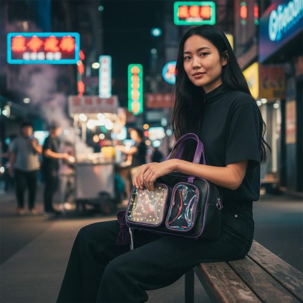 Black Kawaii Convertible Ita Bag with Clear Window for Pin Display — ita bag detail view