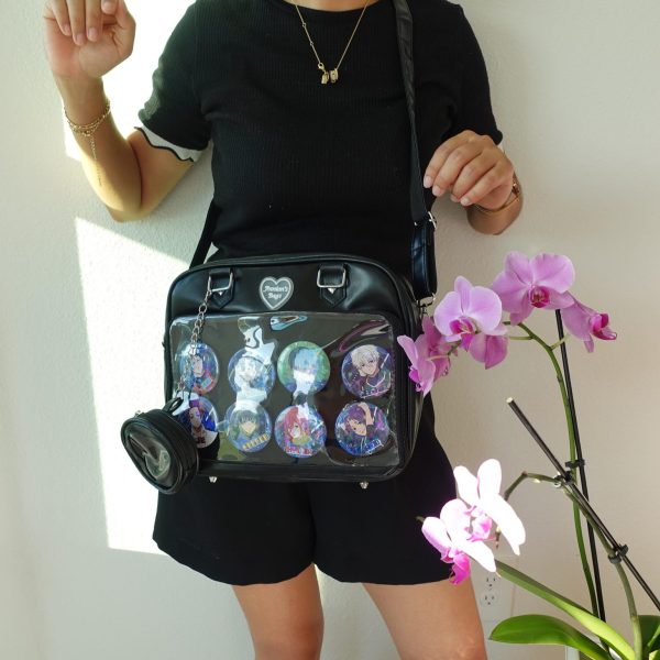 Black Kawaii Convertible Ita Bag with Clear Window for Pin Display — ita bag with clear display window