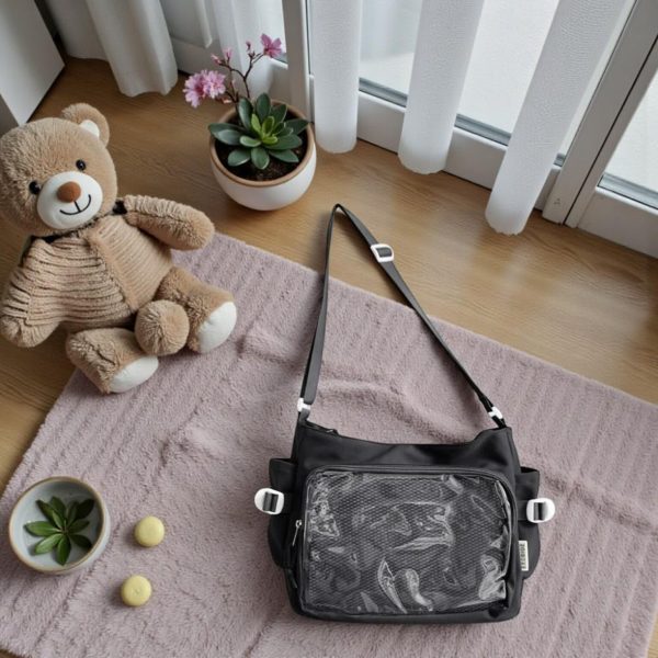 Black Kawaii Convertible Ita Bag with Clear Window for Pin Display — ita bag detail view