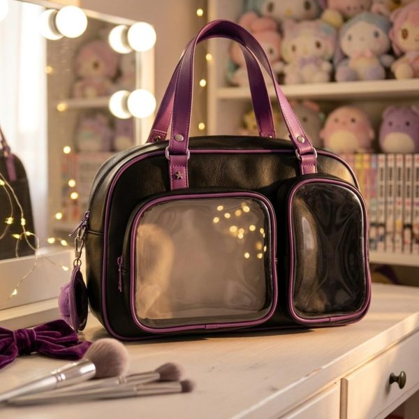 Black Kawaii Convertible Ita Bag with Clear Window for Pin Display — ita bag detail view