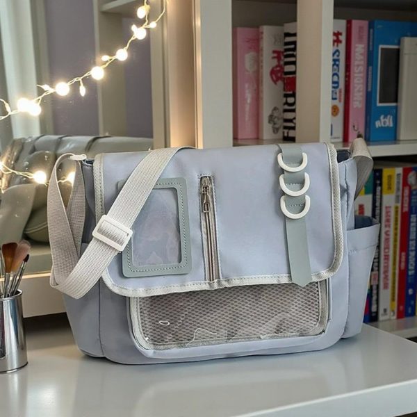 Black Kawaii Convertible Ita Bag with Clear Window for Pin Display — ita bag detail view