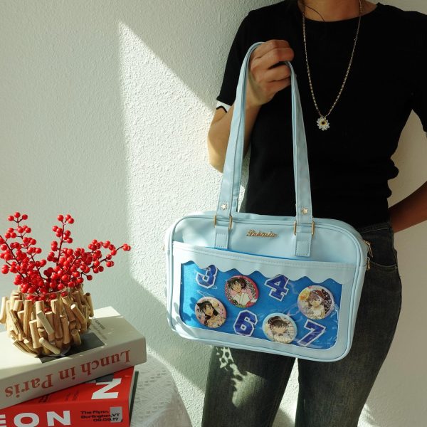 Black Kawaii Convertible Ita Bag with Clear Window for Plushies and Pins — ita bag detail view