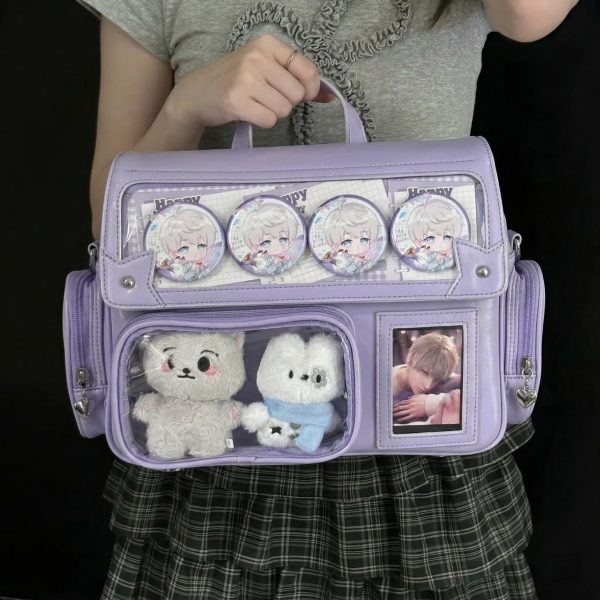 Black Kawaii Convertible Ita Bag with Clear Window for Plushies and Pins — ita bag detail view