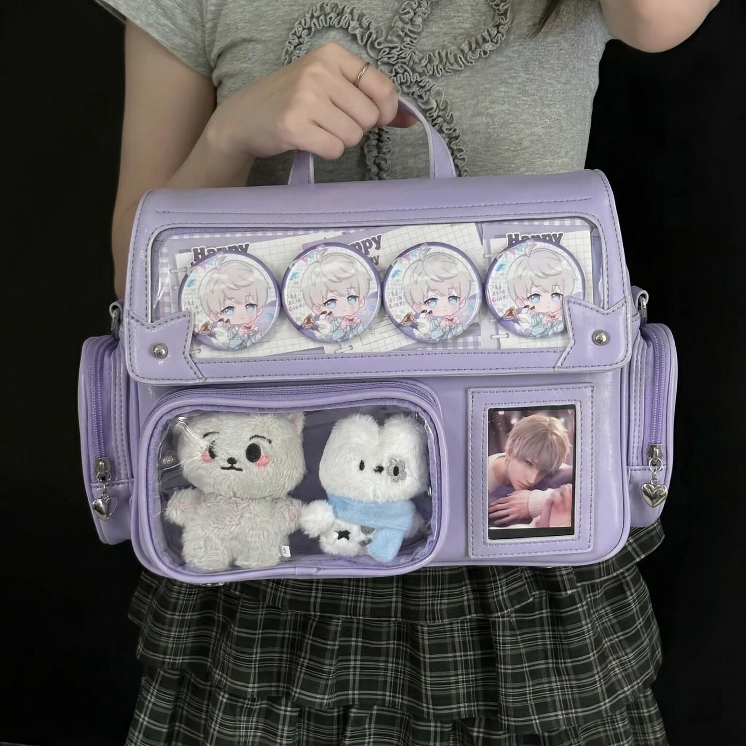 Black Kawaii Convertible Ita Bag with Clear Window for Plushies and Pins Black Kawaii Convertible Ita Bag with Clear Window for Plushies and Pins — ita bag detail view