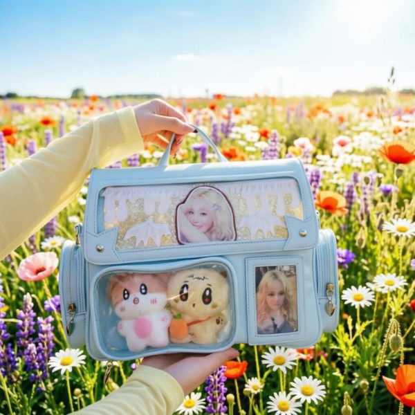 Black Kawaii Convertible Ita Bag with Clear Window for Plushies and Pins — ita bag detail view