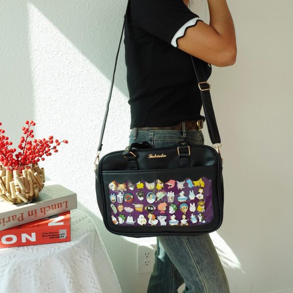 Black Kawaii Convertible Ita Bag with Clear Window for Plushies and Pins — ita bag detail view