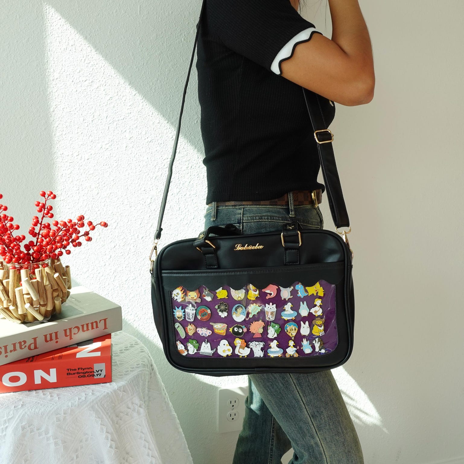 Black Kawaii Convertible Ita Bag with Clear Window for Plushies and Pins Black Kawaii Convertible Ita Bag with Clear Window for Plushies and Pins — ita bag detail view