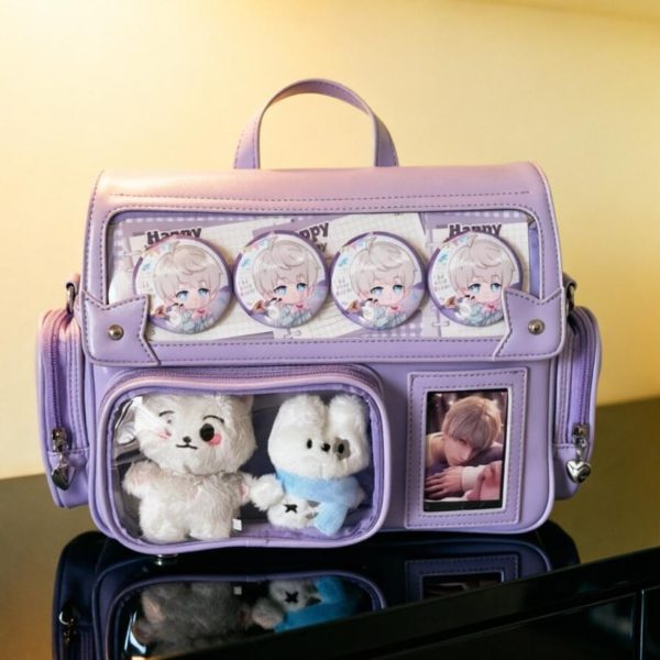 Black Kawaii Convertible Ita Bag with Clear Window for Plushies and Pins — ita bag detail view
