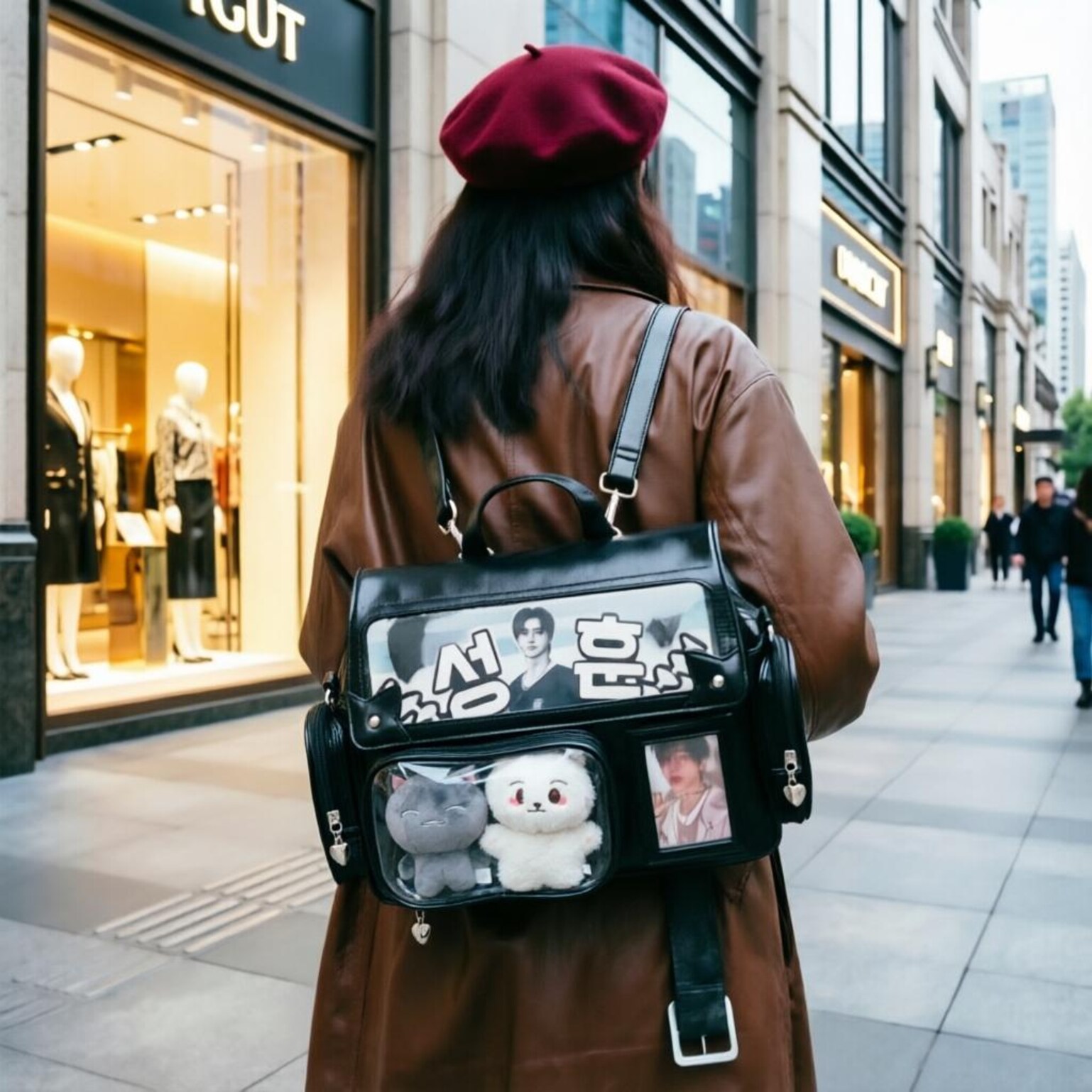 Black Kawaii Convertible Ita Bag with Clear Window for Plushies and Pins Black Kawaii Convertible Ita Bag with Clear Window for Plushies and Pins — ita bag detail view