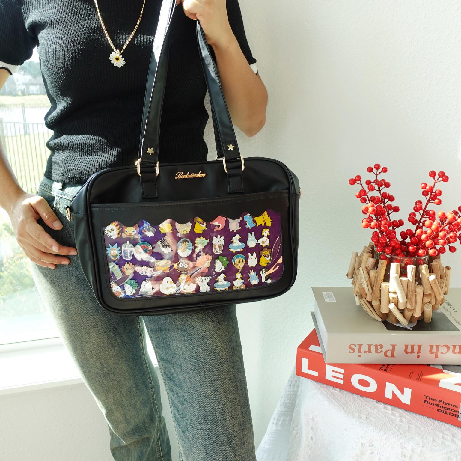 Black Kawaii Convertible Ita Bag with Clear Window for Plushies and Pins Black Kawaii Convertible Ita Bag with Clear Window for Plushies and Pins — ita bag detail view