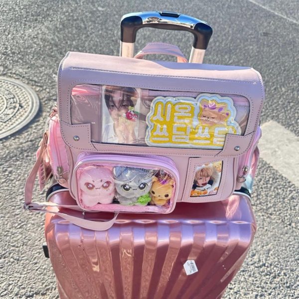 Black Kawaii Convertible Ita Bag with Clear Window for Plushies and Pins — ita bag detail view