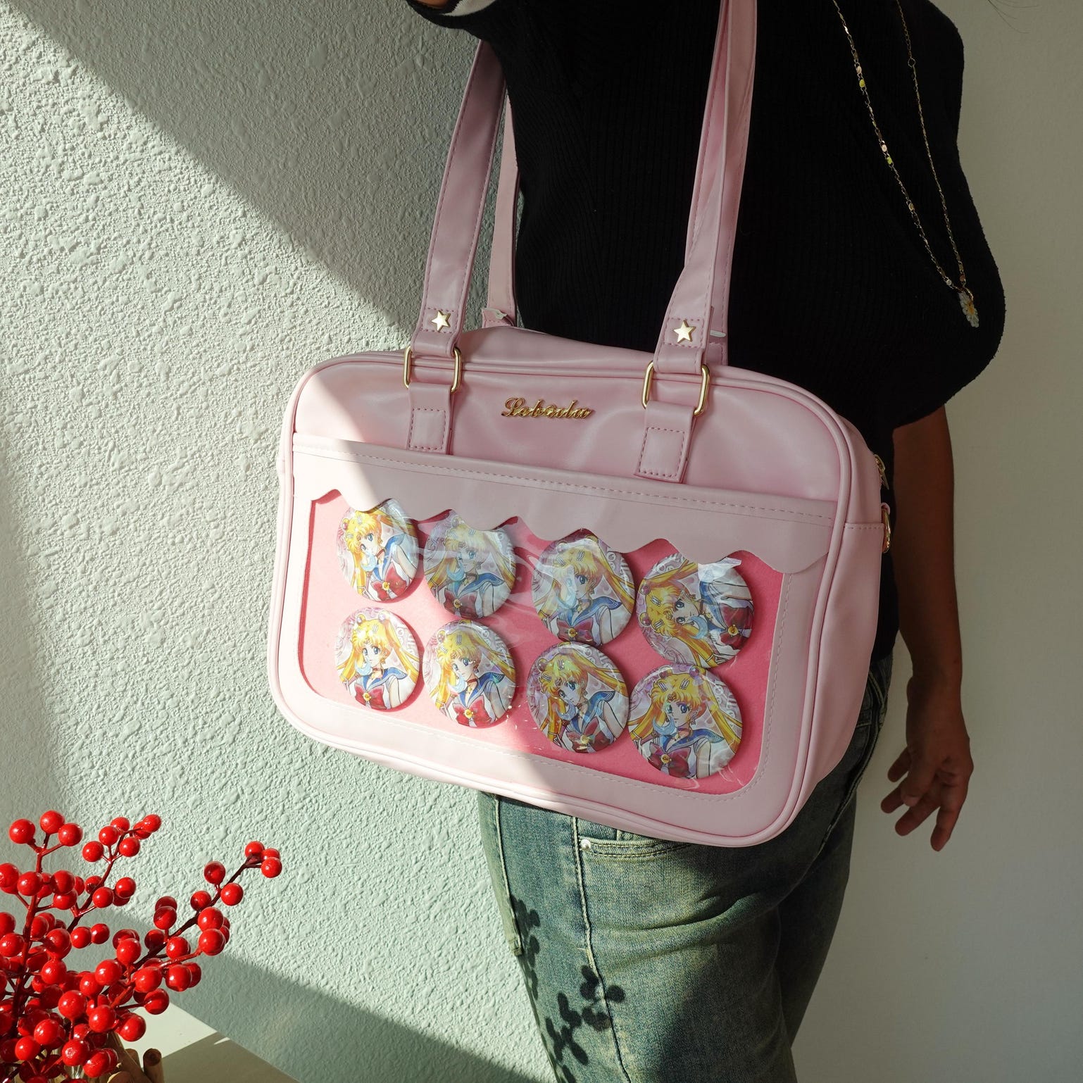 Black Kawaii Convertible Ita Bag with Clear Window for Plushies and Pins Black Kawaii Convertible Ita Bag with Clear Window for Plushies and Pins — ita bag detail view
