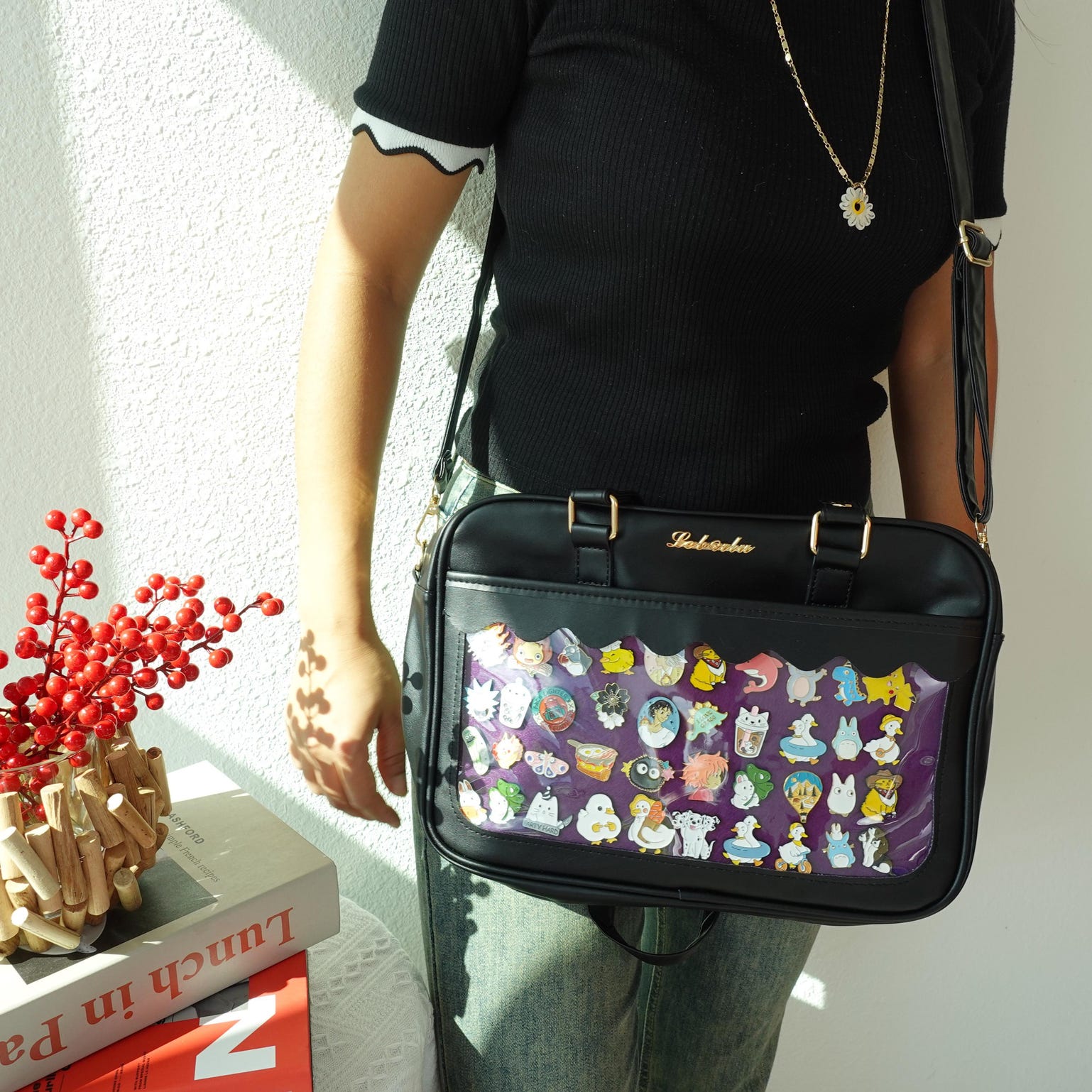 Black Kawaii Convertible Ita Bag with Clear Window for Plushies and Pins Black Kawaii Convertible Ita Bag with Clear Window for Plushies and Pins — ita bag detail view