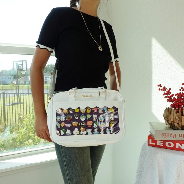 Black Kawaii Convertible Ita Bag with Clear Window for Plushies and Pins — ita bag detail view