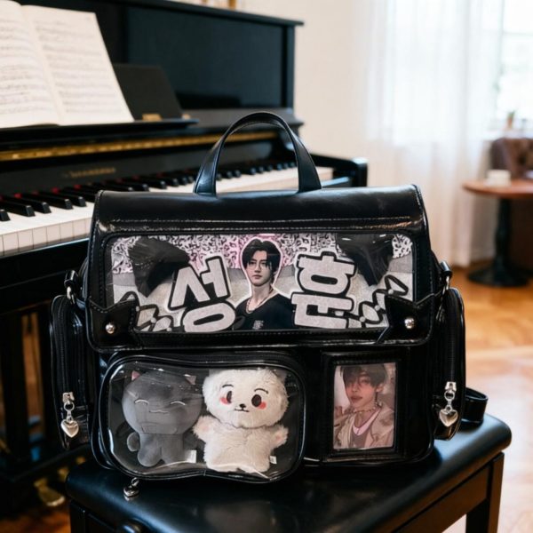 Black Kawaii Convertible Ita Bag with Clear Window for Plushies and Pins — ita bag with clear display window