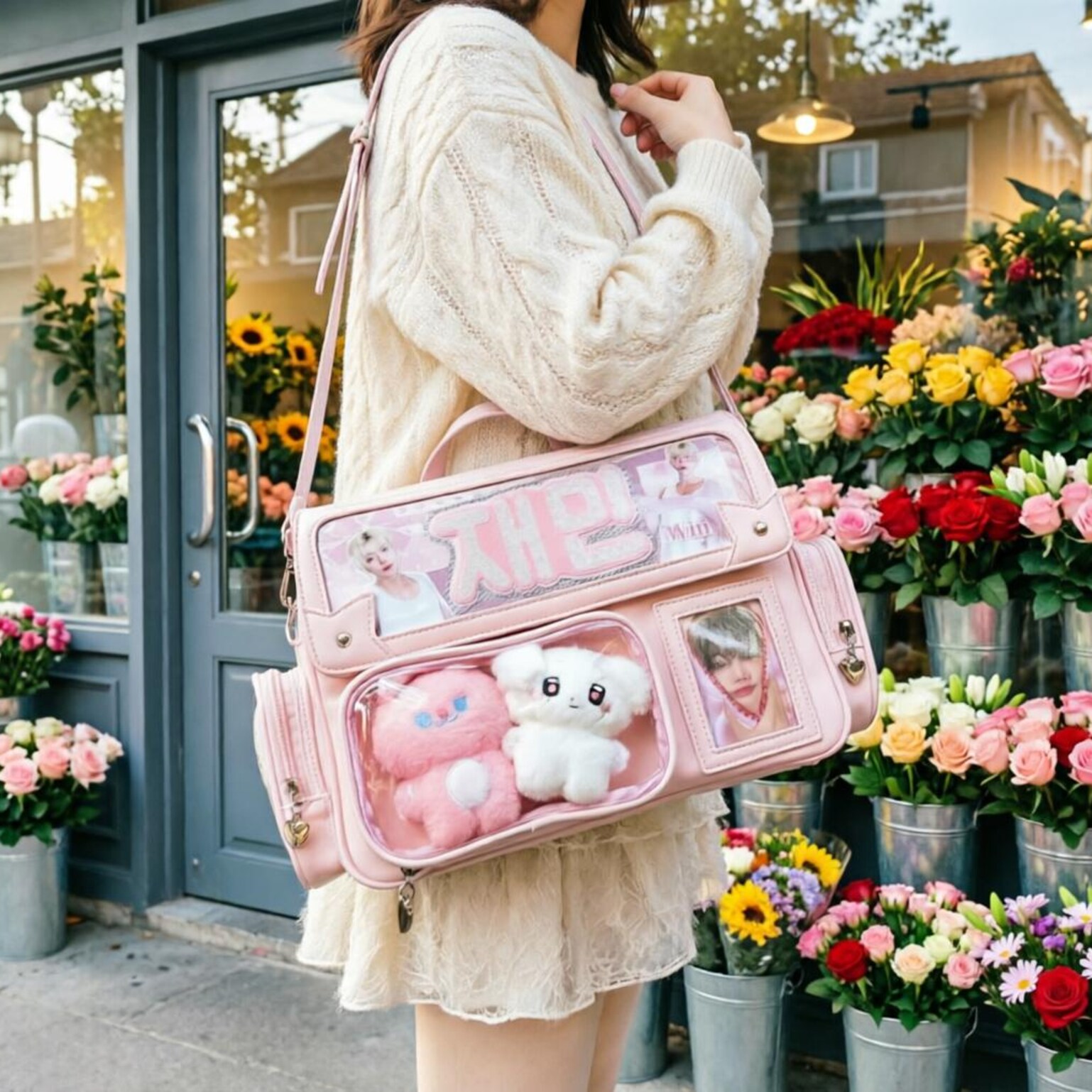 Black Kawaii Convertible Ita Bag with Clear Window for Plushies and Pins Black Kawaii Convertible Ita Bag with Clear Window for Plushies and Pins — ita bag detail view