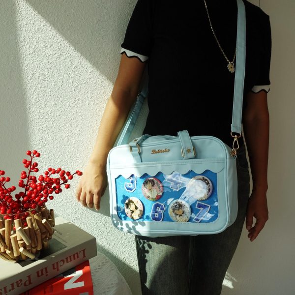 Black Kawaii Convertible Ita Bag with Clear Window for Plushies and Pins — ita bag detail view