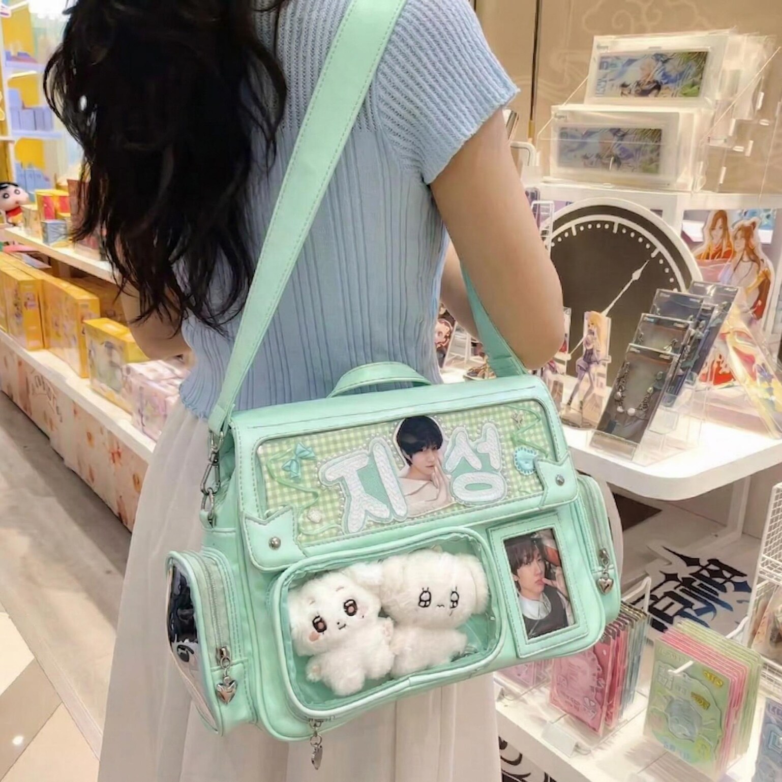 Black Kawaii Convertible Ita Bag with Clear Window for Plushies and Pins Black Kawaii Convertible Ita Bag with Clear Window for Plushies and Pins — ita bag detail view
