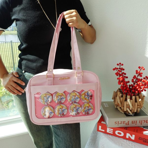 Black Kawaii Convertible Ita Bag with Clear Window for Plushies and Pins — ita bag with clear display window