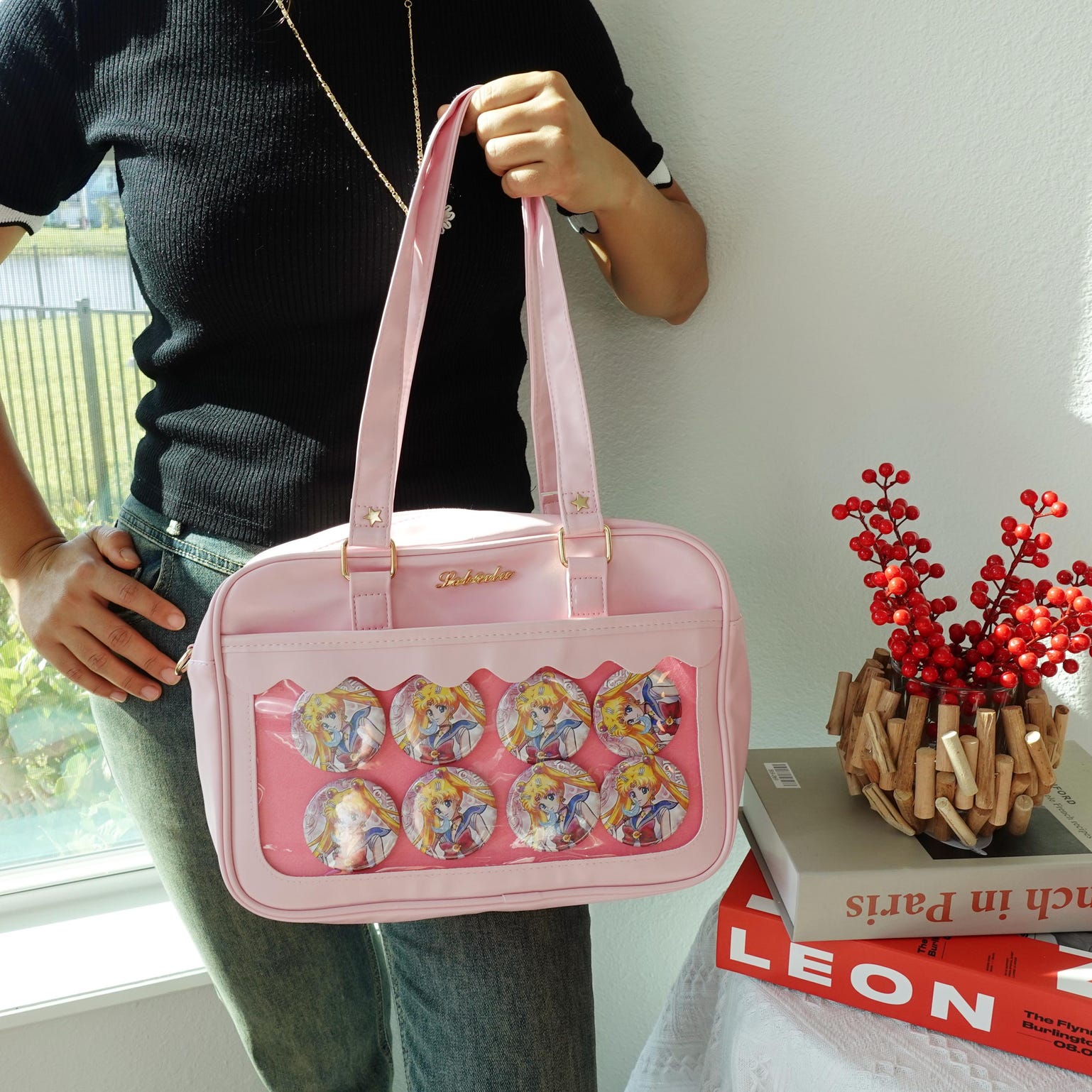 Black Kawaii Convertible Ita Bag with Clear Window for Plushies and Pins