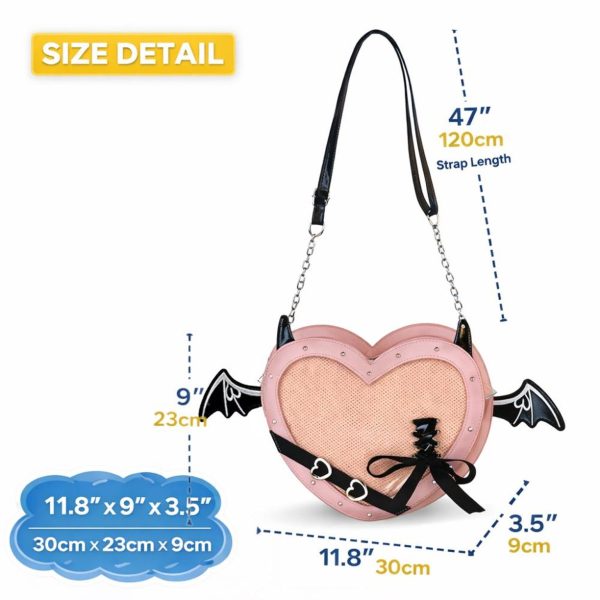 Black Kawaii Gothic Ita Crossbody Bag with Clear Window for Pin Display — crossbody ita bag detail view