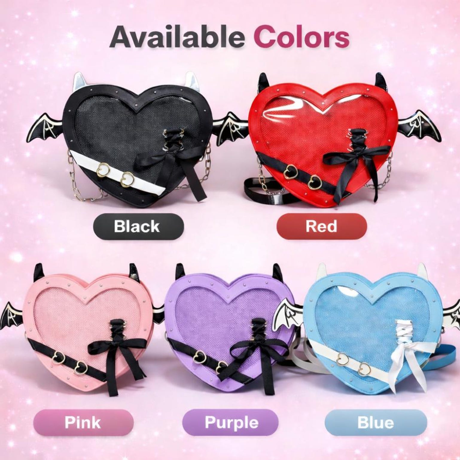 Black Kawaii Gothic Ita Crossbody Bag with Clear Window for Pin Display Black Kawaii Gothic Ita Crossbody Bag with Clear Window for Pin Display — crossbody ita bag detail view
