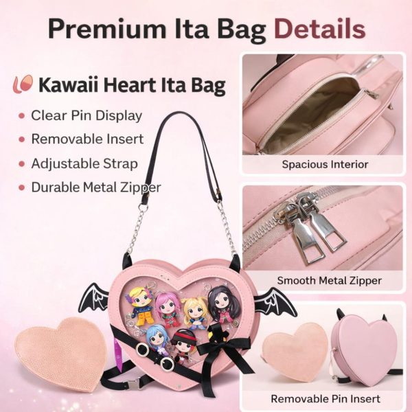 Black Kawaii Gothic Ita Crossbody Bag with Clear Window for Pin Display — crossbody ita bag detail view