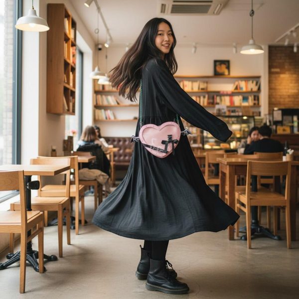 Black Kawaii Heart Convertible Ita Bag for Pin Display — ita bag detail view