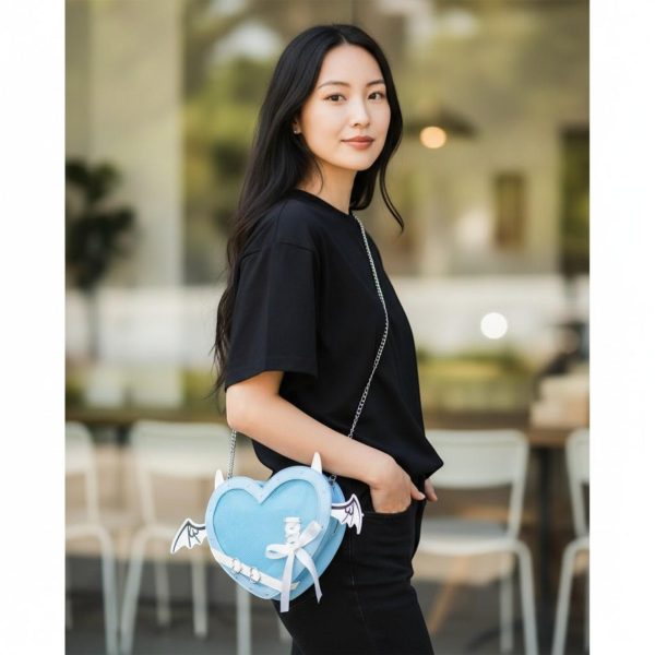 Black Kawaii Heart Convertible Ita Bag for Pin Display — ita bag detail view