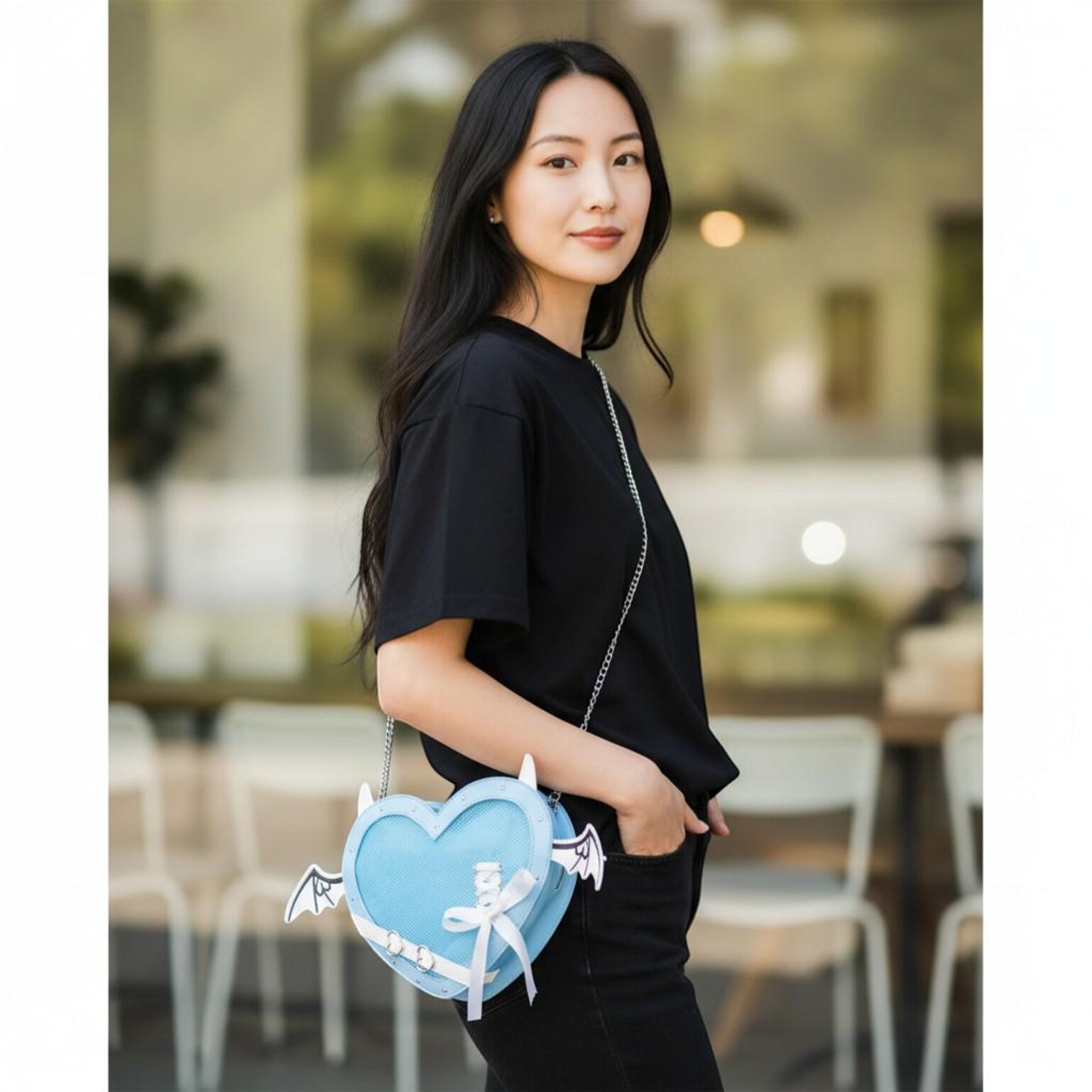 Black Kawaii Heart Convertible Ita Bag for Pin Display Black Kawaii Heart Convertible Ita Bag for Pin Display — ita bag detail view