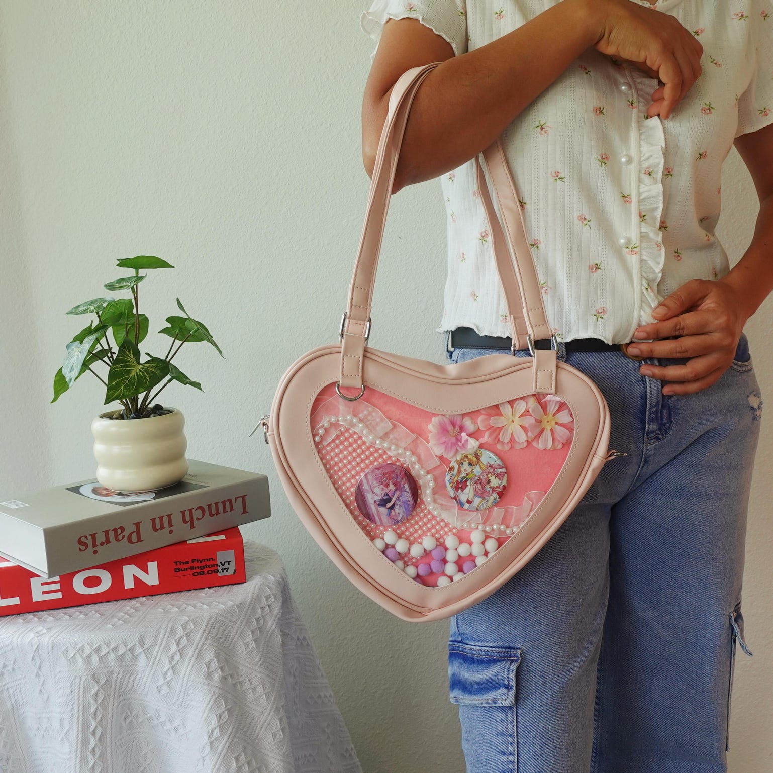 Black Kawaii Heart Convertible Ita Bag with Clear Window for Plushies and Pins Black Kawaii Heart Convertible Ita Bag with Clear Window for Plushies and Pins — ita bag detail view