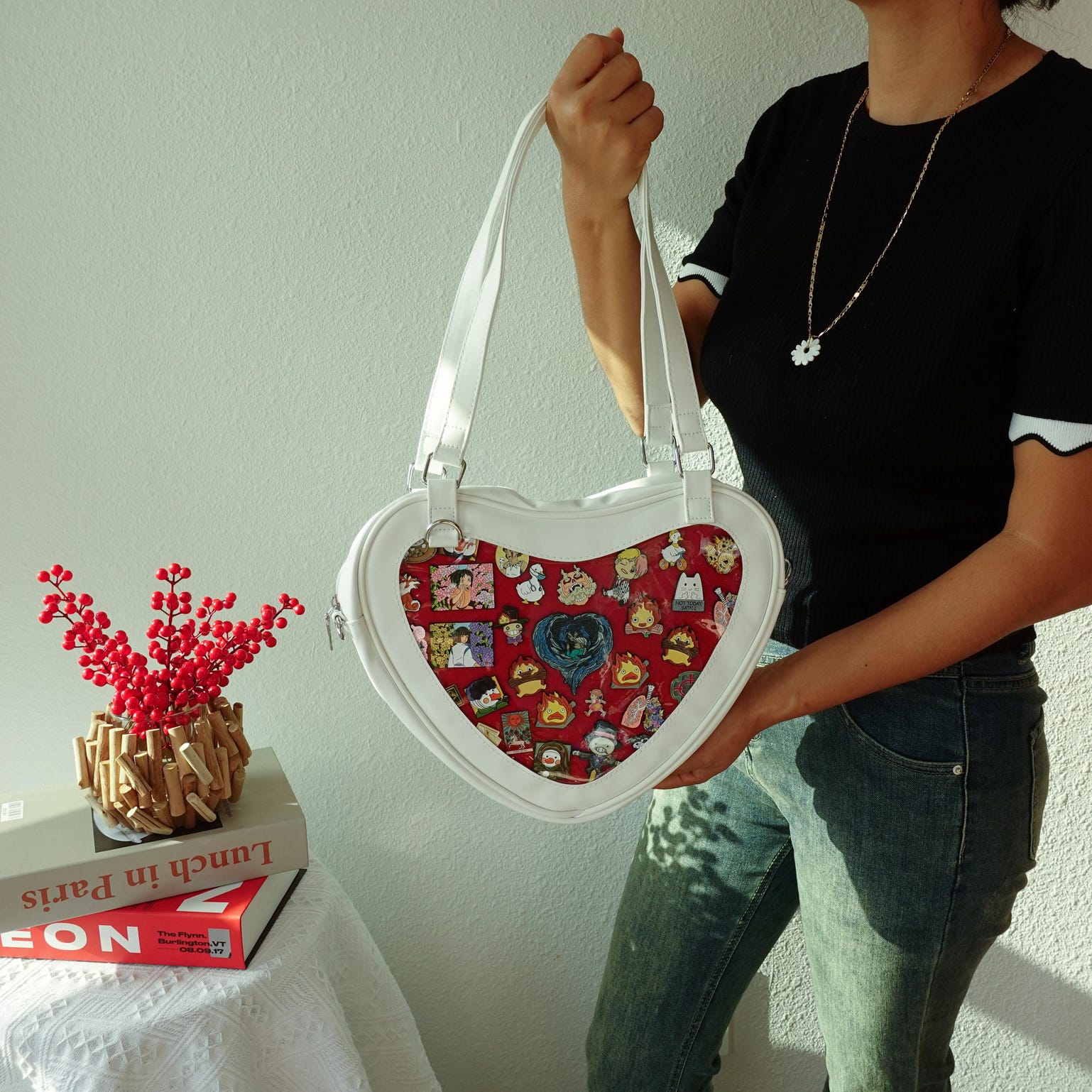 Black Kawaii Heart Convertible Ita Bag with Clear Window for Plushies and Pins Black Kawaii Heart Convertible Ita Bag with Clear Window for Plushies and Pins — ita bag detail view