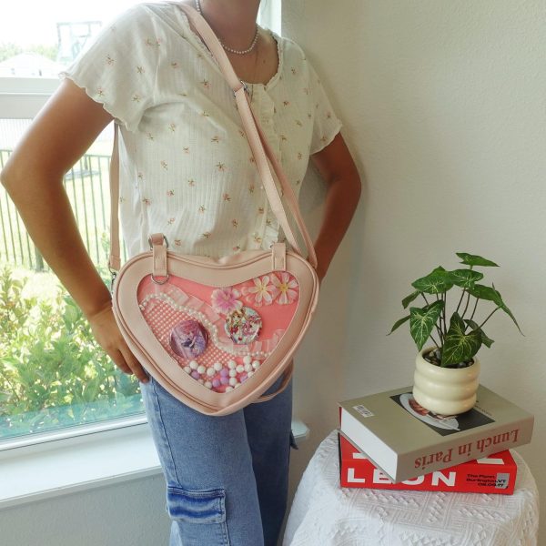 Black Kawaii Heart Convertible Ita Bag with Clear Window for Plushies and Pins — ita bag detail view