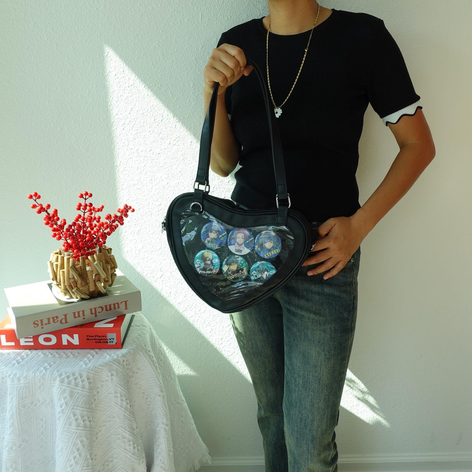 Black Kawaii Heart Convertible Ita Bag with Clear Window for Plushies and Pins Black Kawaii Heart Convertible Ita Bag with Clear Window for Plushies and Pins — ita bag detail view