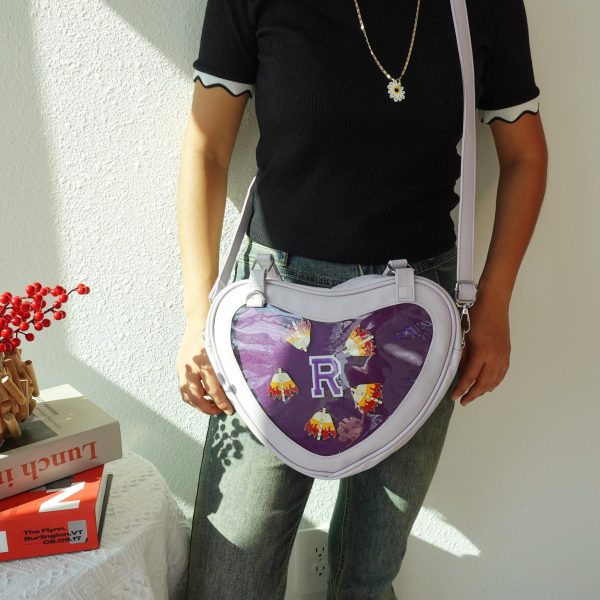 Black Kawaii Heart Convertible Ita Bag with Clear Window for Plushies and Pins — ita bag detail view