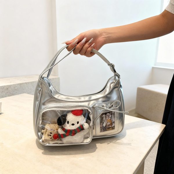 Black Kawaii Ita Bag with Clear Window for Plushies and Pins — ita bag detail view