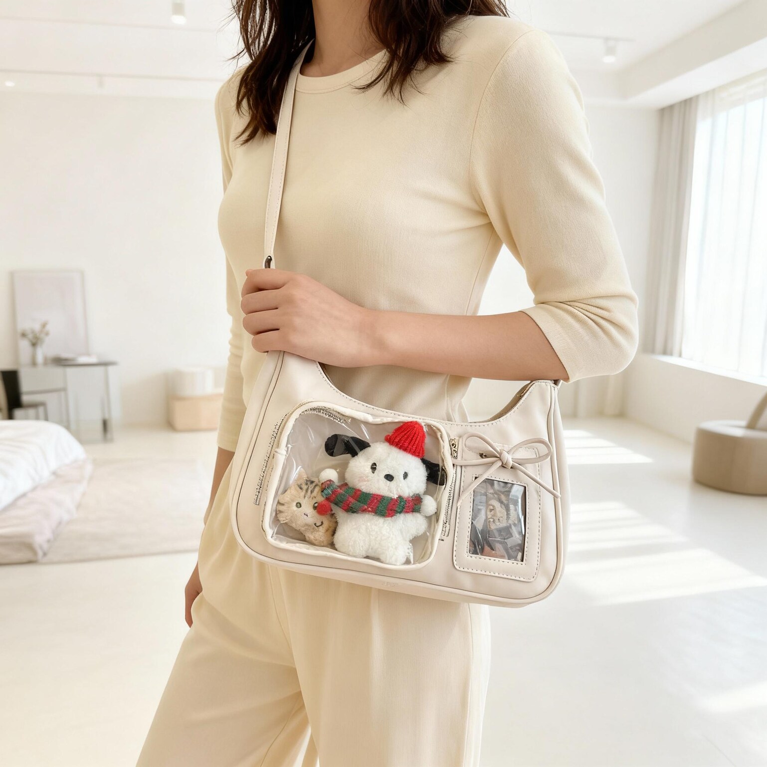 Black Kawaii Ita Bag with Clear Window for Plushies and Pins Black Kawaii Ita Bag with Clear Window for Plushies and Pins — ita bag detail view