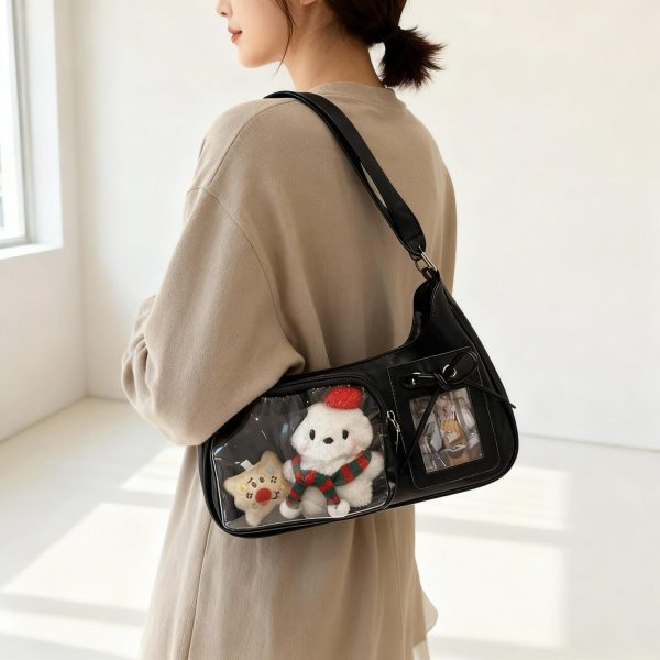 Black Kawaii Ita Bag with Clear Window for Plushies and Pins — ita bag detail view