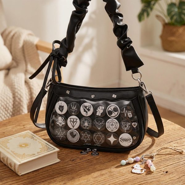 Black Kawaii Ita Crossbody Bag with Clear Window for Pin Display — crossbody ita bag with clear display window