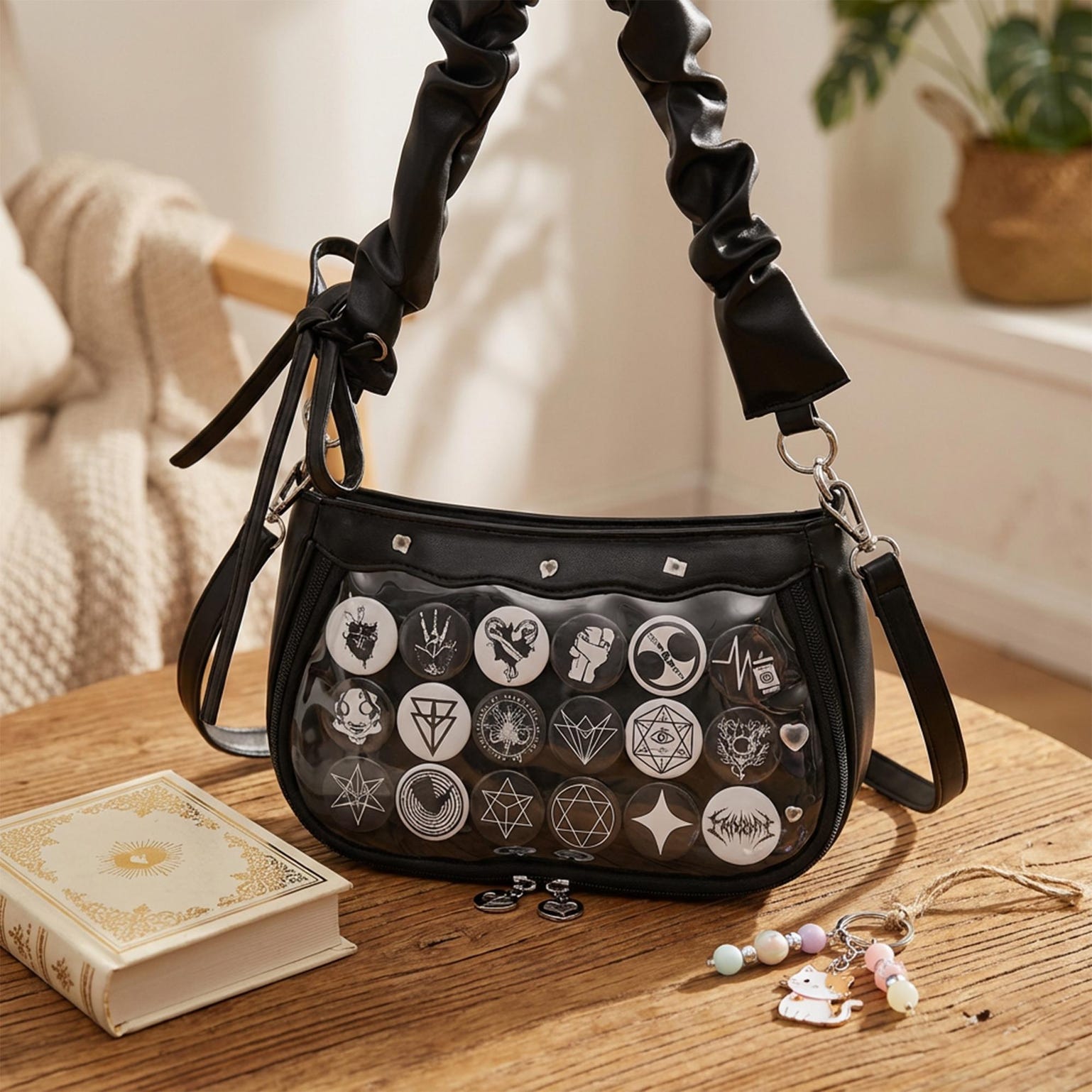 Black Kawaii Ita Crossbody Bag with Clear Window for Pin Display Black Kawaii Ita Crossbody Bag with Clear Window for Pin Display — crossbody ita bag with clear display window