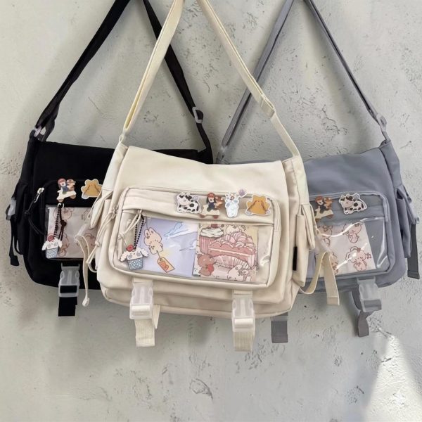 Black Kawaii Ita Crossbody Bag with Clear Window for Pin Display — crossbody ita bag detail view