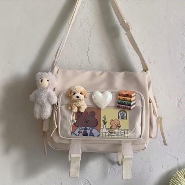 Black Kawaii Ita Crossbody Bag with Clear Window for Pin Display — crossbody ita bag detail view