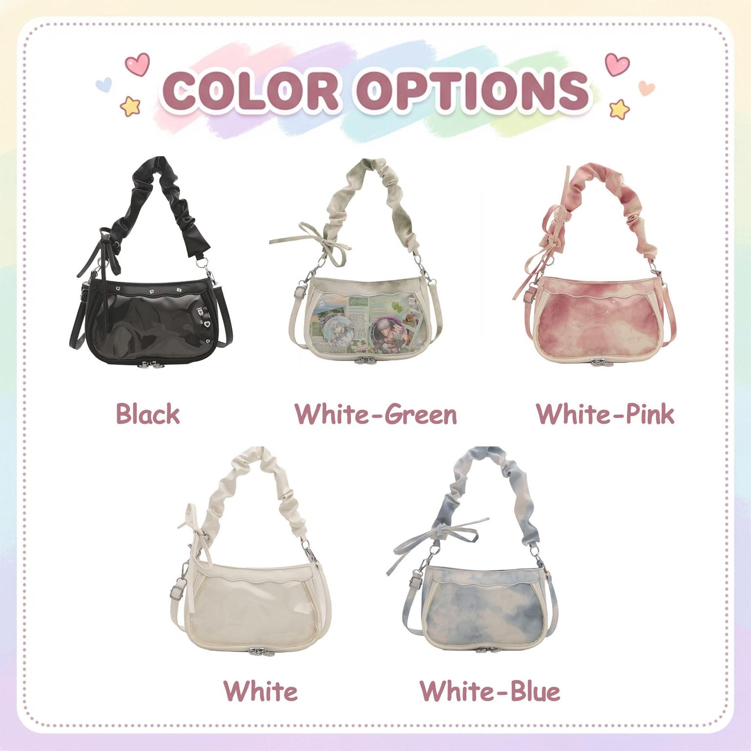 Black Kawaii Ita Crossbody Bag with Clear Window for Pin Display Black Kawaii Ita Crossbody Bag with Clear Window for Pin Display — crossbody ita bag detail view