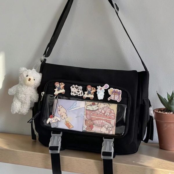 Black Kawaii Ita Crossbody Bag with Clear Window for Pin Display — crossbody ita bag detail view