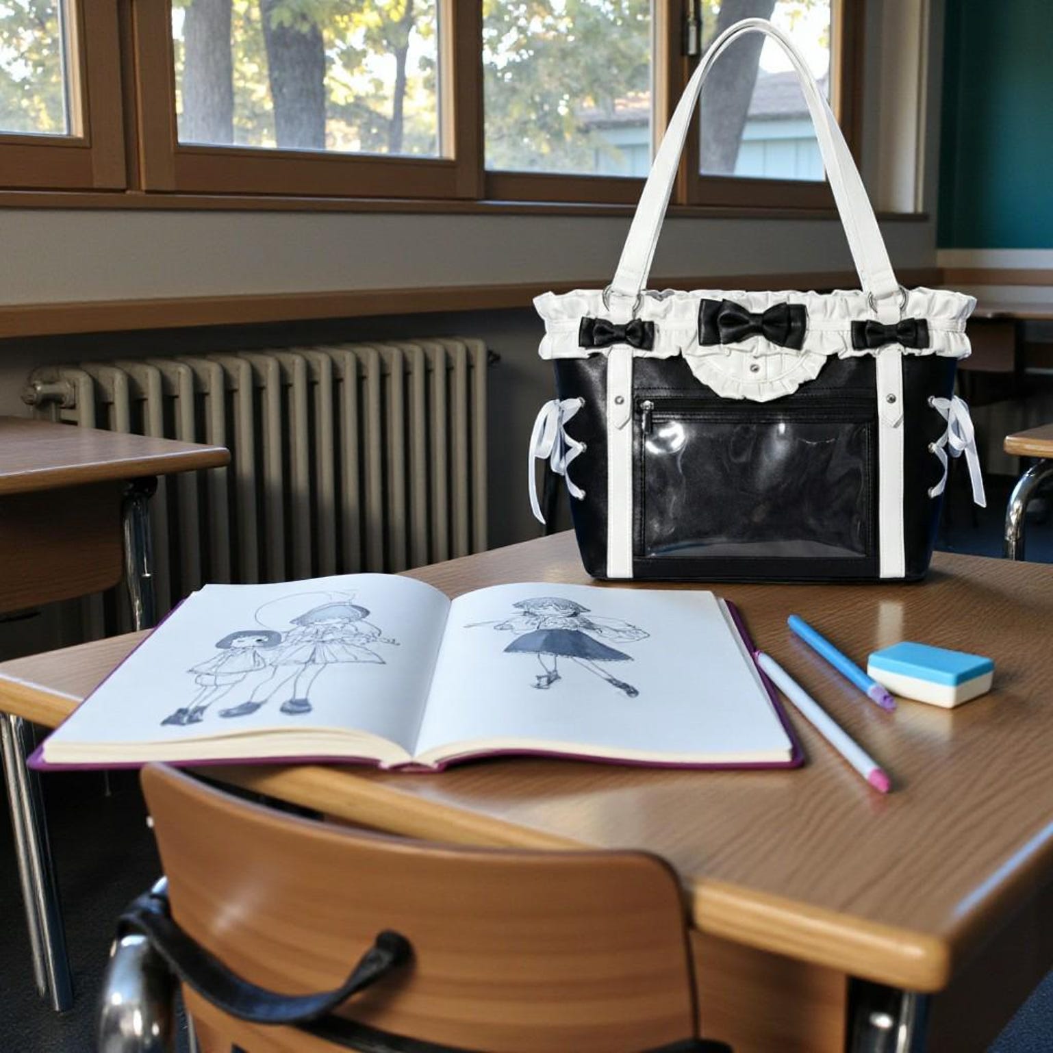 Black Kawaii Ita Messenger Bag with Clear Window for Pin Display Black Kawaii Ita Messenger Bag with Clear Window for Pin Display — ita bag detail view