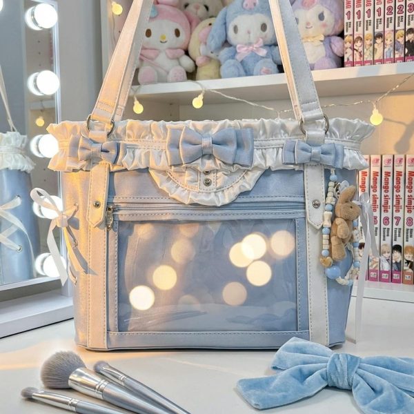 Black Kawaii Ita Messenger Bag with Clear Window for Pin Display — ita bag detail view