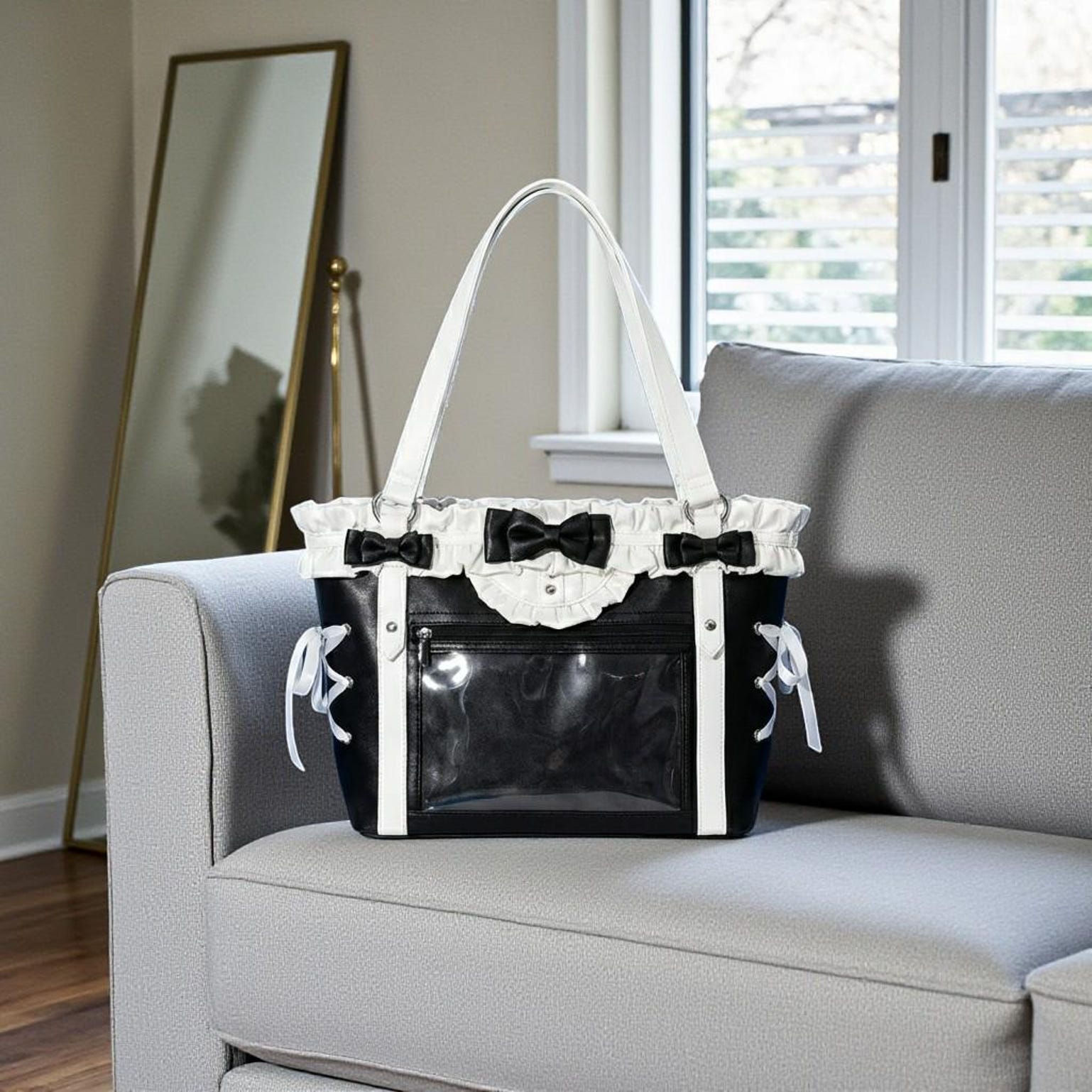 Black Kawaii Ita Messenger Bag with Clear Window for Pin Display Black Kawaii Ita Messenger Bag with Clear Window for Pin Display — ita bag detail view