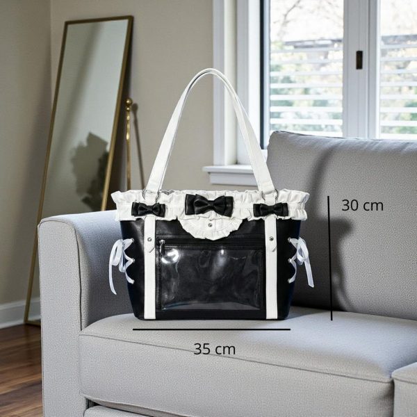 Black Kawaii Ita Messenger Bag with Clear Window for Pin Display — ita bag detail view